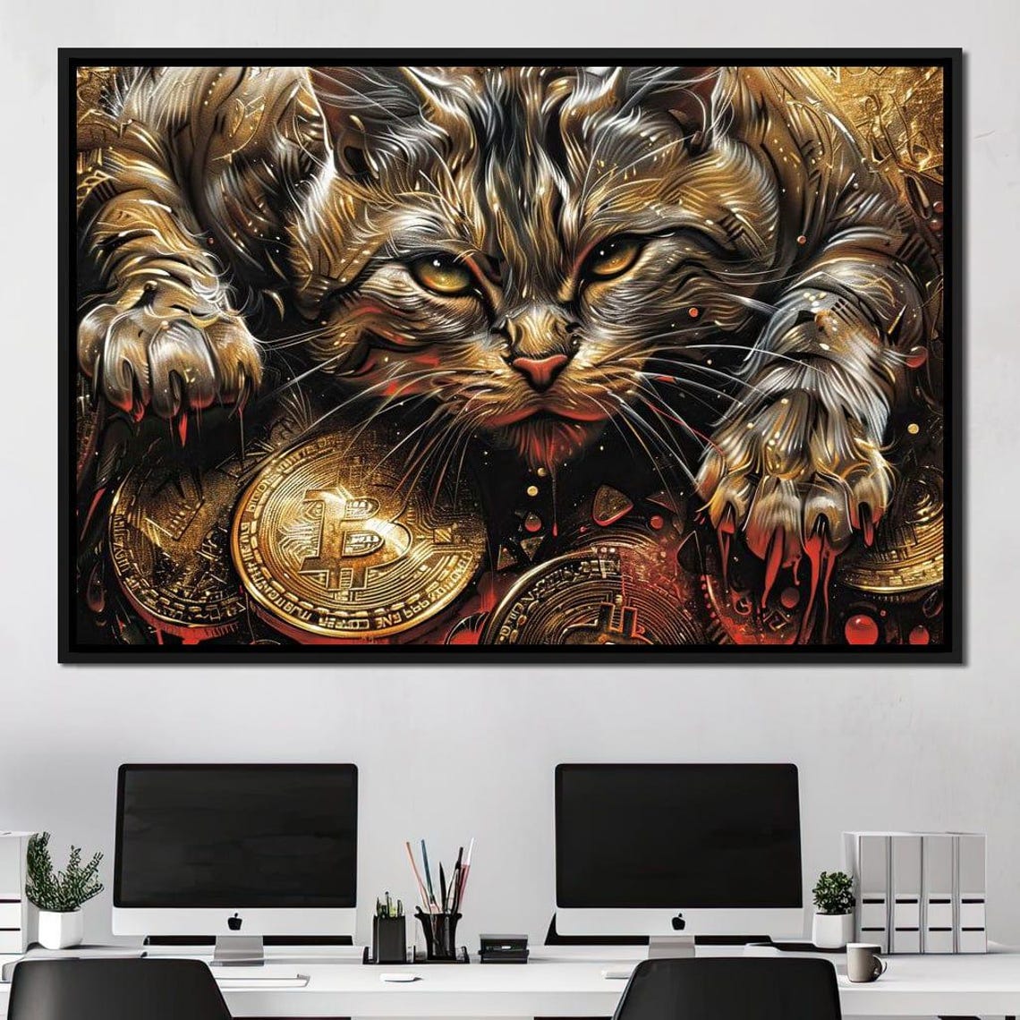 Golden Crypto Cat Guardian Bitcoin Coins Dramatic Feline Wall Art