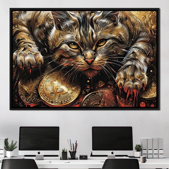 Golden Crypto Cat Guardian Bitcoin Coins Dramatic Feline Wall Art