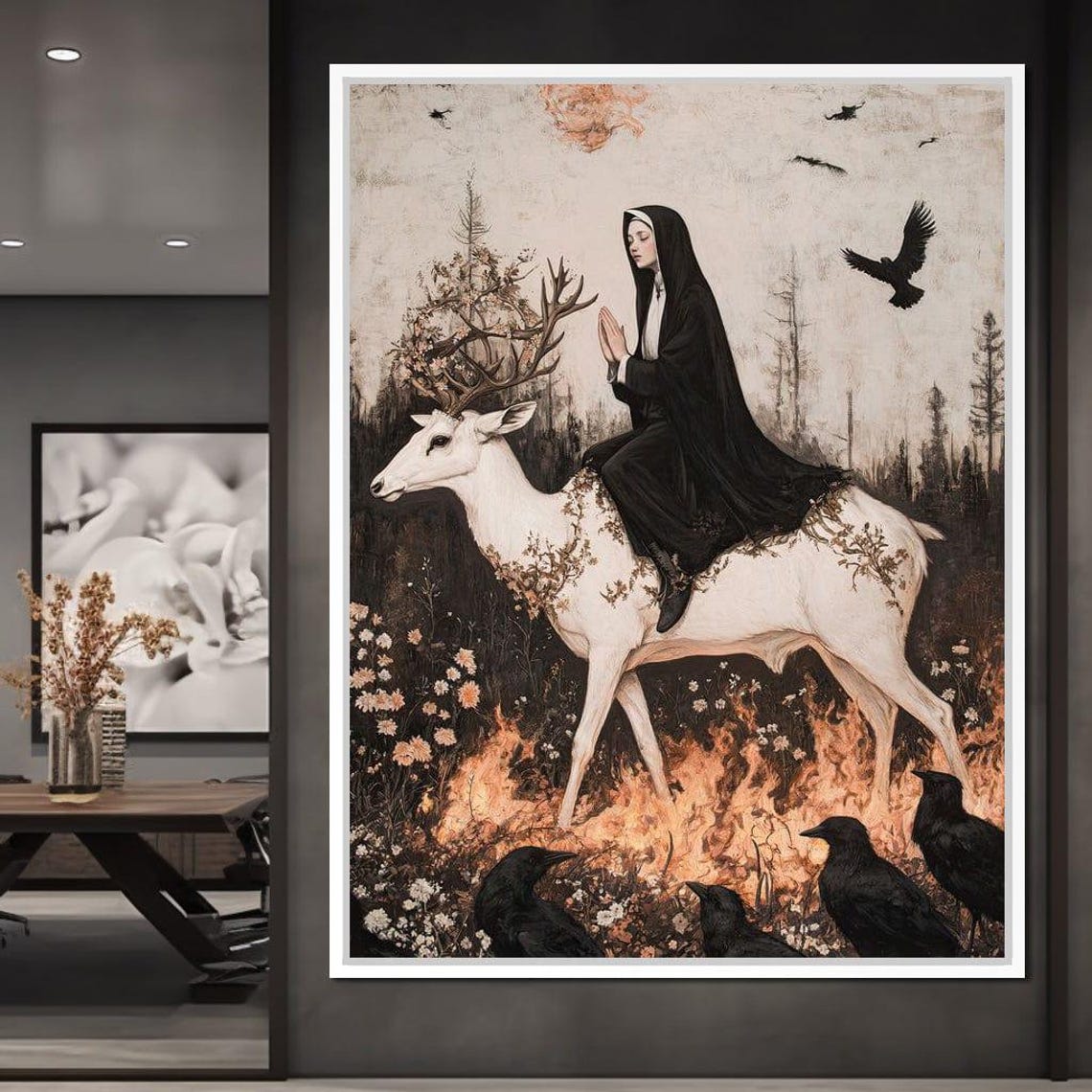 Praying Woman White Stag Fire Ravens Gothic Dark Fantasy Wall Art - Image 4