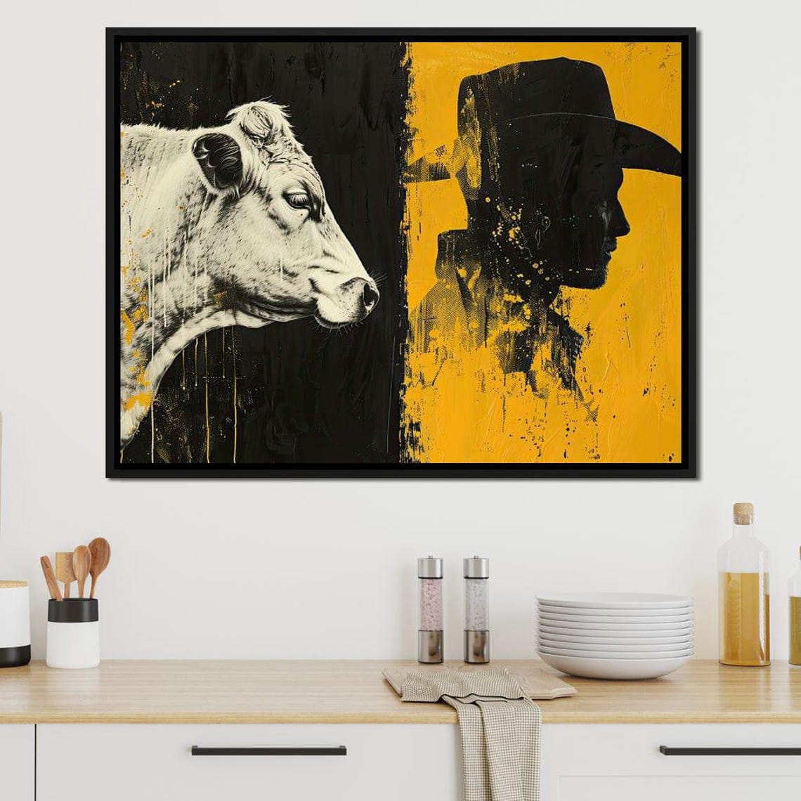 Cow And Cowboy Silhouette Black Gold Split Western Ranch Art Print - Image 3