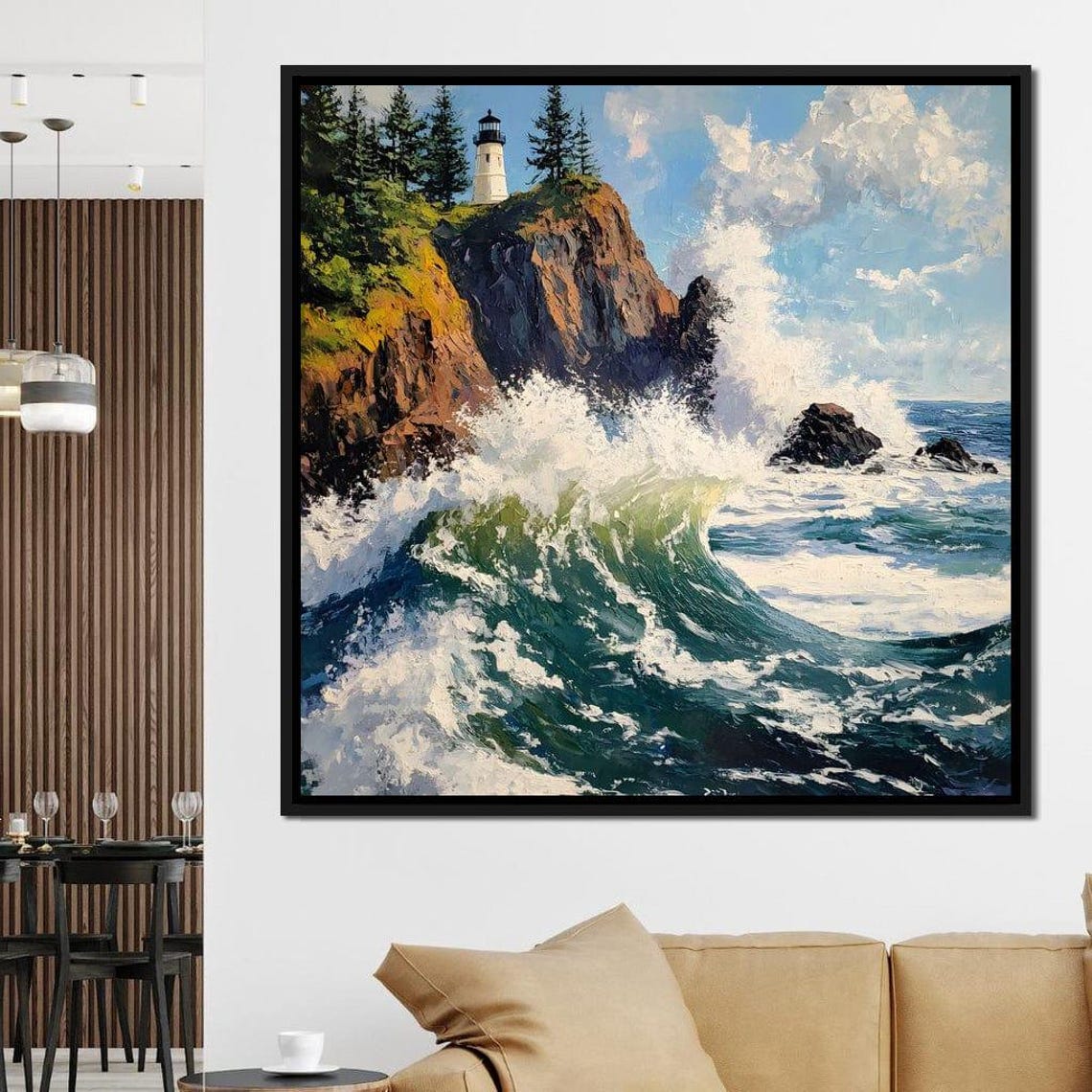 Lighthouse on a Rocky Cliff with Crashing Ocean Waves Poster