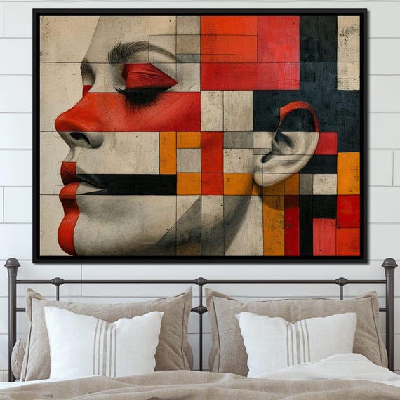 Geometric Dreams In Rouge Modern Wall Art Abstract Face Art Print Red Orange Beige Home Decor Stylish Geometric Art By Nichecanvas