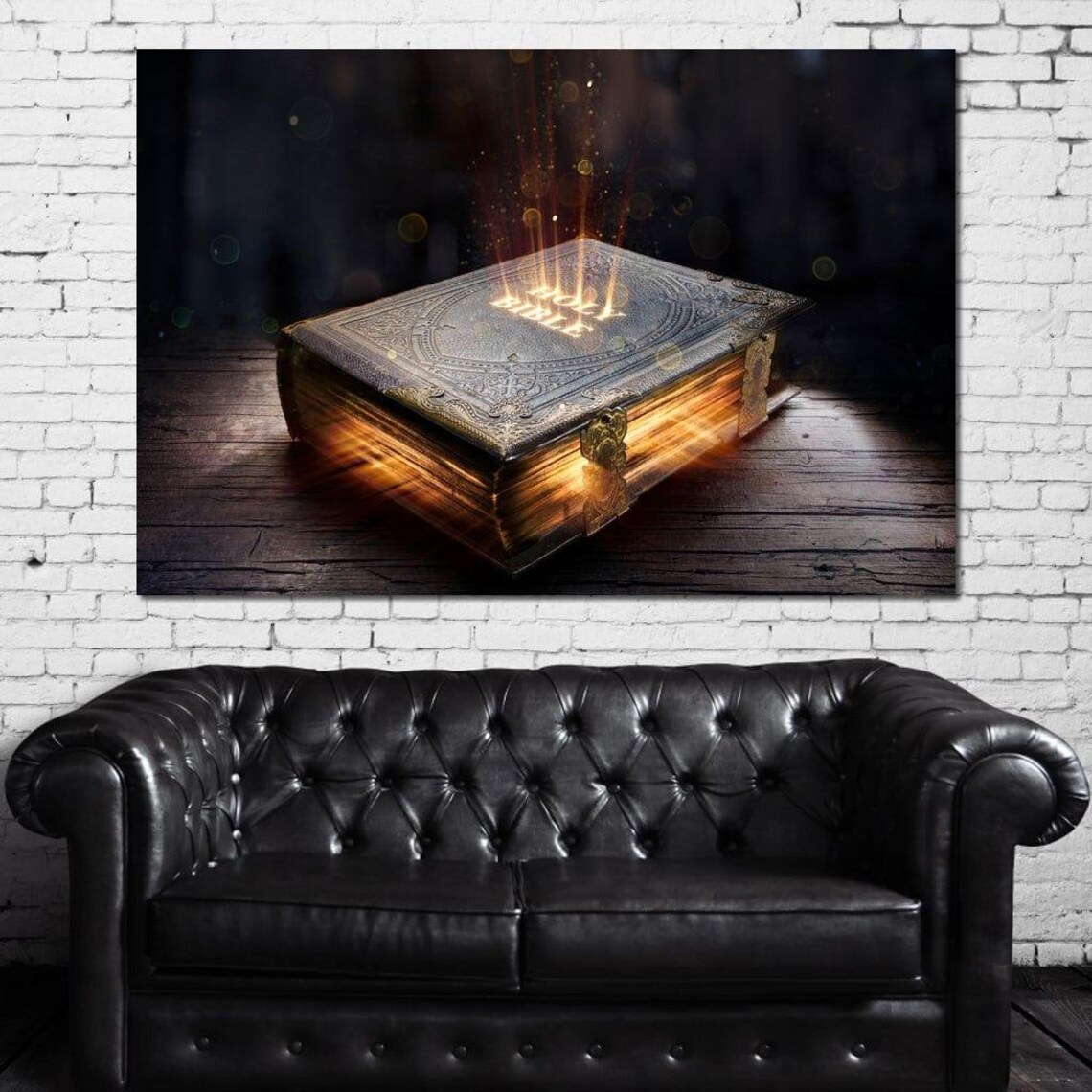 Glowing Holy Bible Golden Light Rays Dark Wooden Table Christian Wall Art Poster - Image 4