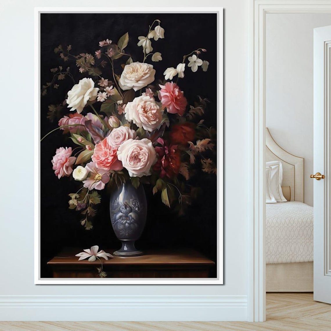 Romantic Rose Peony Bouquet Porcelain Vase Dark Wall Art Poster - Image 3