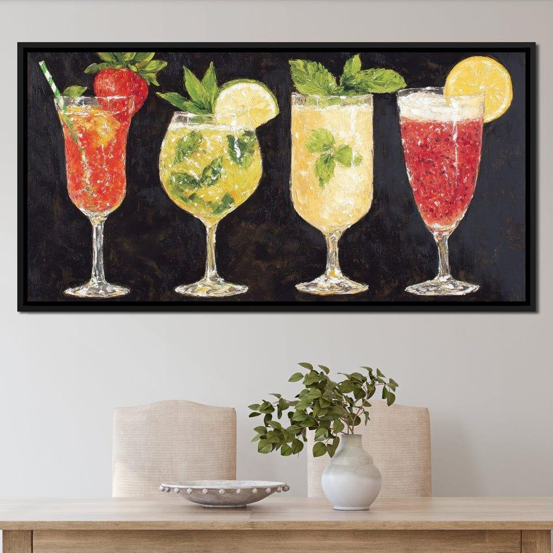 Four Colorful Summer Cocktails In Tall Glasses On Dark Canvas Poster