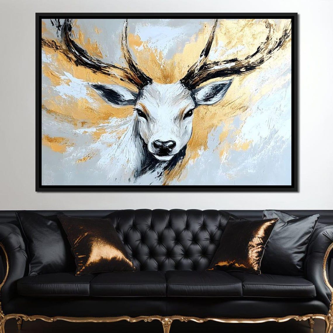 Frontal White Stag with Dark Antlers in Gray and Gold Swirls Poster - Image 2