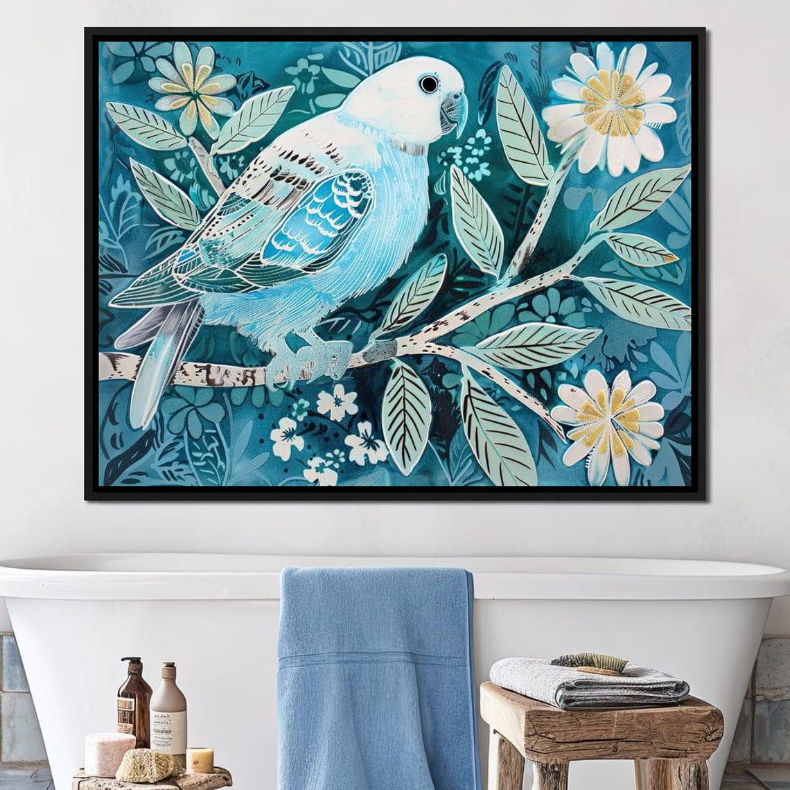 Blue Parrot on Blossom Branch Teal Botanical Bird Painting Wall Poster