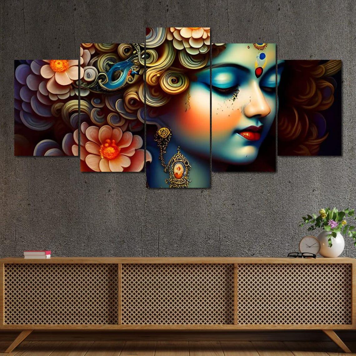Hindu Goddess Profile Five Panel Blue Floral Spiritual Wall Art Print