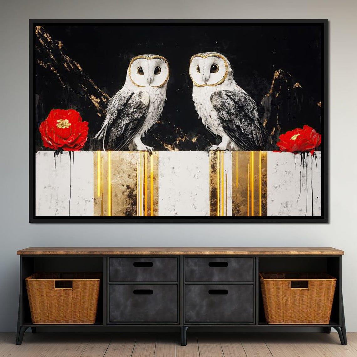 Two White Barn Owls On Gold Black Marble Red Flowers Art Poster - Image 4