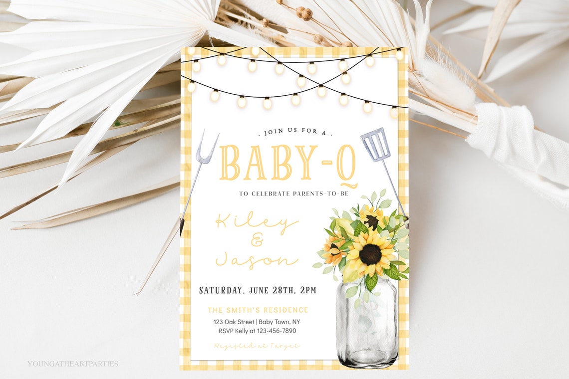Yellow Gingham Baby Q Shower Invitation Sunflower Mason Jar Print