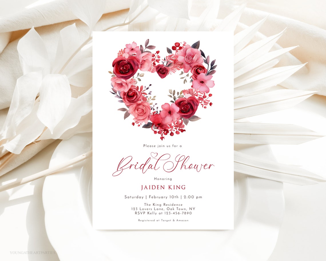 Red Pink Floral Heart Bridal Shower Valentines Invitation Print