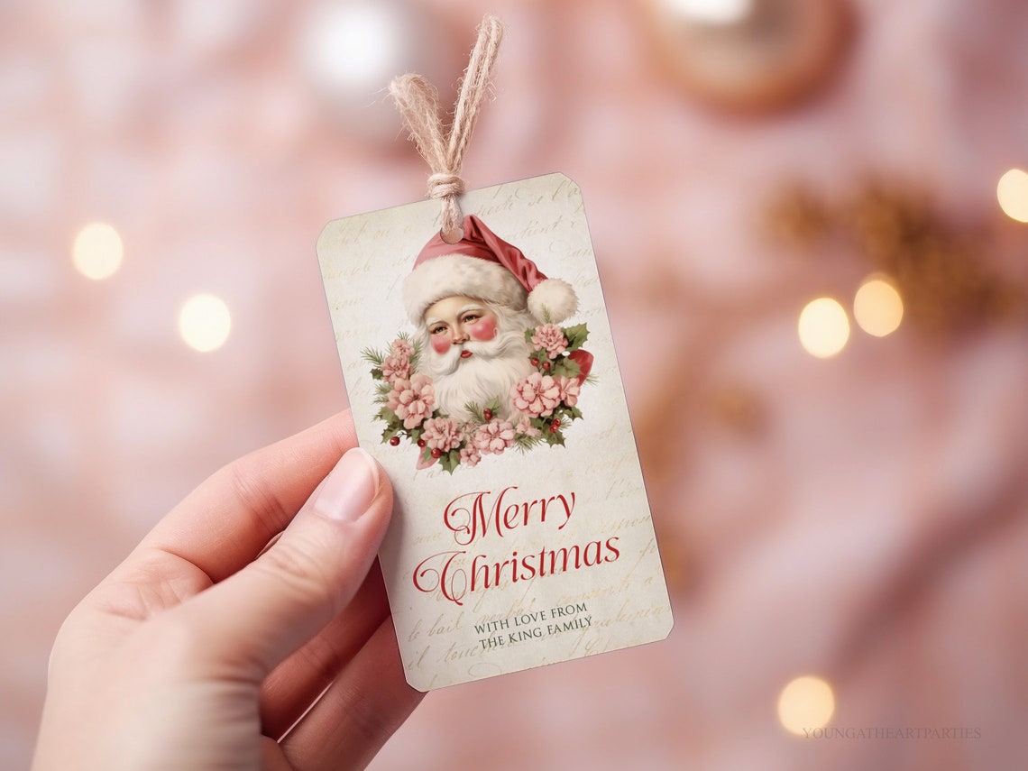 Vintage Santa Face Pink Floral Merry Christmas Gift Tag Holiday Print