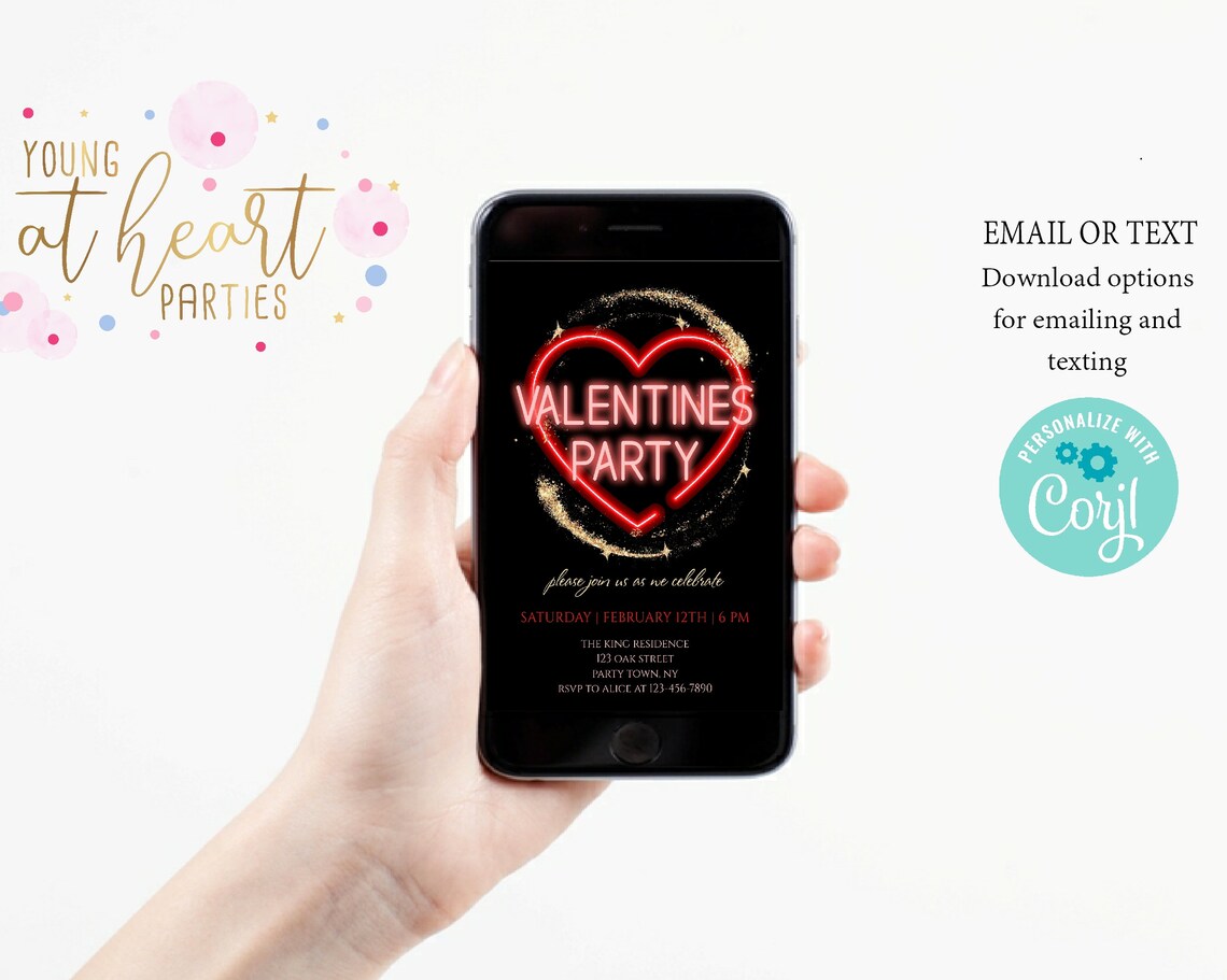 Valentines Party Neon Heart Gold Glitter Party Invitation Print - Image 2
