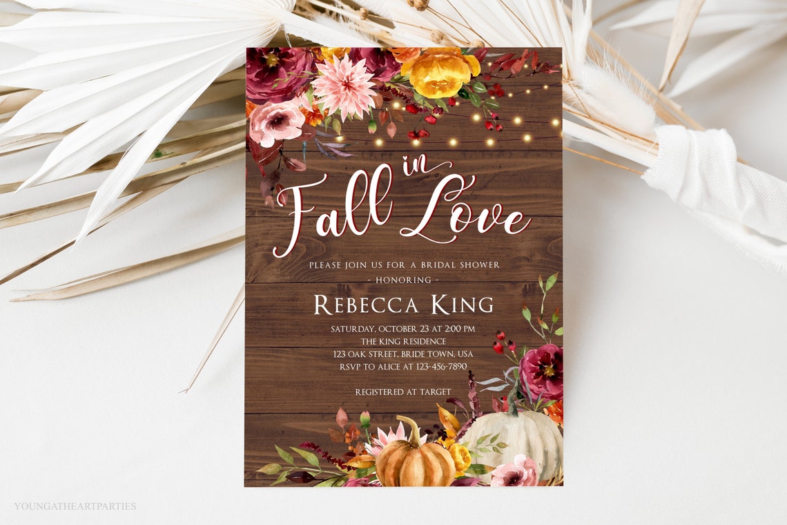 Fall in Love Bridal Shower Invitation Rustic Pumpkin Floral Wood Print
