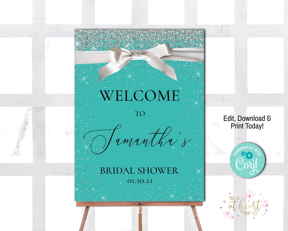 Teal Glitter Bridal Shower Welcome Sign Sparkling Bow Decor Print - Image 4