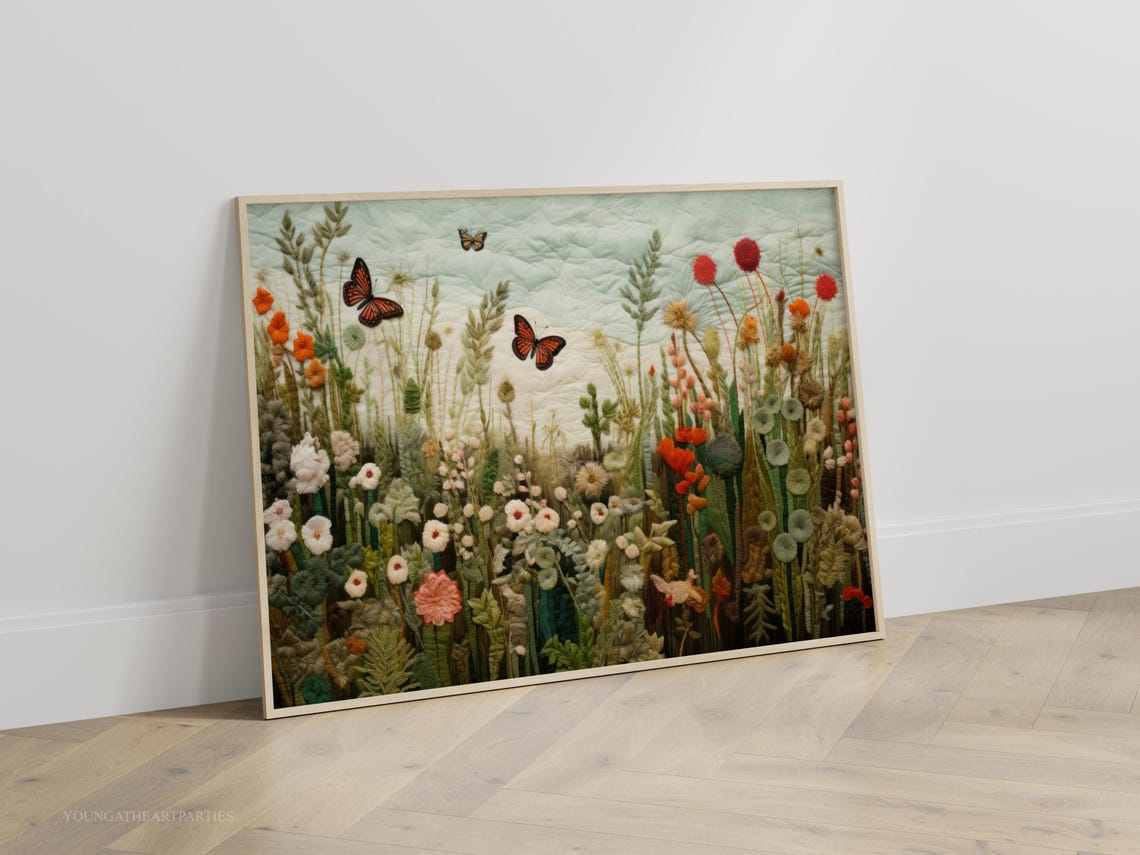 Wildflower Meadow Embroidered Textile Art Monarch Butterflies Print - Image 4