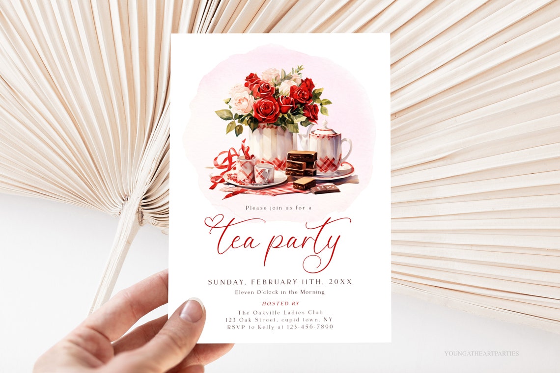 Valentine's Tea Party Watercolor Tea Set Roses Invitation Print