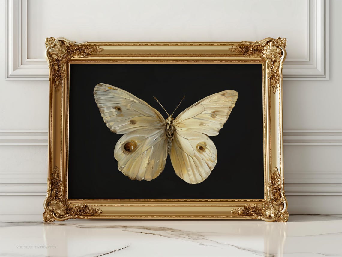 White Moth on Black Moody Insect Gold Frame Vintage Wall Art - Image 4