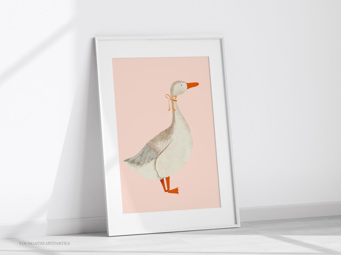 Watercolor Goose with Orange Bow on Blush Pink Nursery Wall Art - Image 6