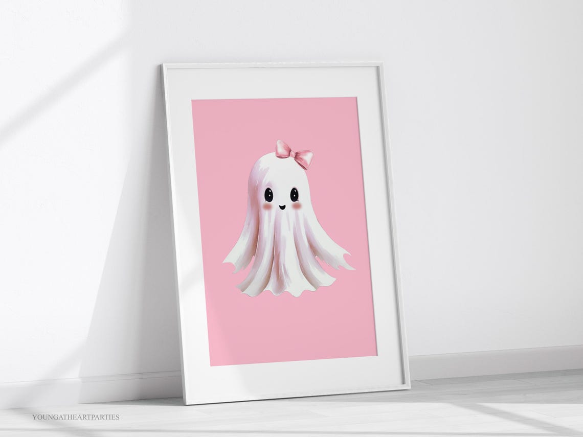 Cute Pink Bow Ghost Halloween Nursery Baby Girl Room Wall Art - Image 3