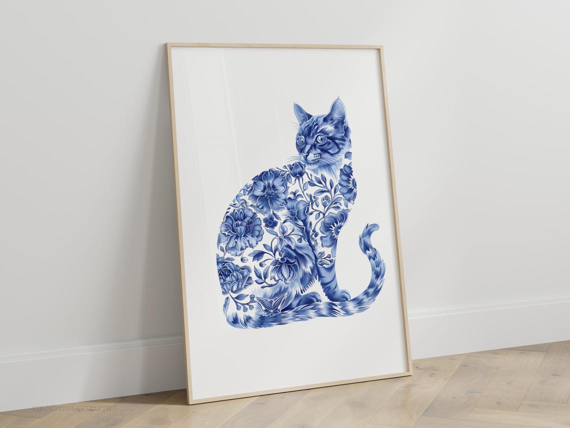 Blue White Chinoiserie Floral Cat Silhouette Porcelain Style Art Print - Image 4