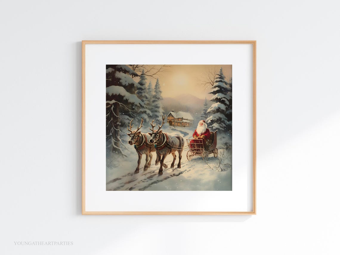 Vintage Santa Sleigh Reindeer Snowy Forest Christmas Wall Art - Image 4