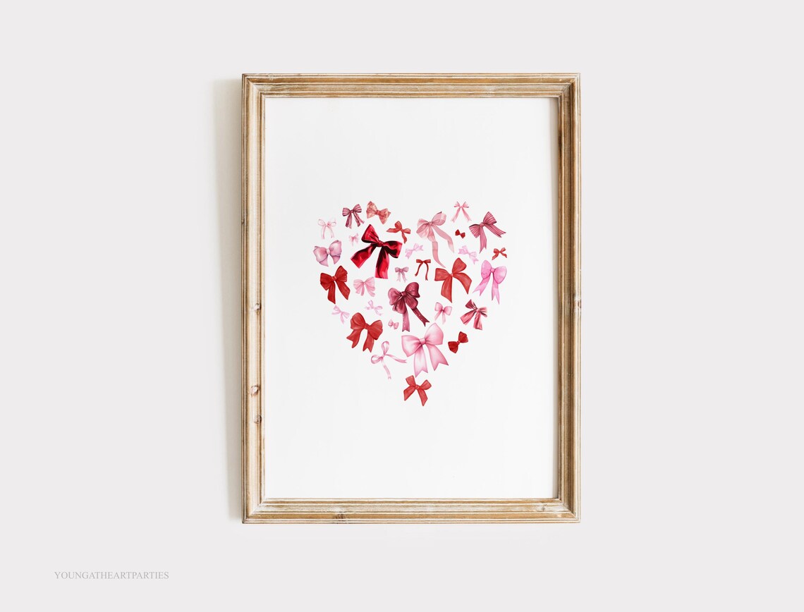 Sweet Watercolor Heart of Red and Pink Bows Valentines Wall Art - Image 2