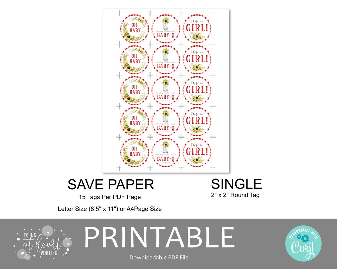 Red Gingham Sunflower Baby-Q Girl Cupcake Toppers Party Decor Print - Image 2