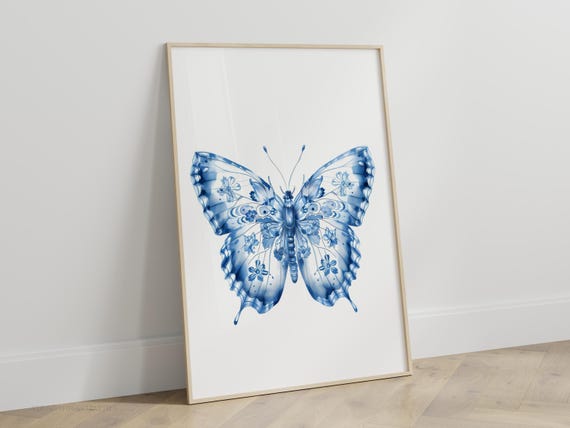 Blue Floral Butterfly Art Print Blue Toile Butterfly Vintage Aesthetic Poster Fine Line Flower Art Botanical Wall Art