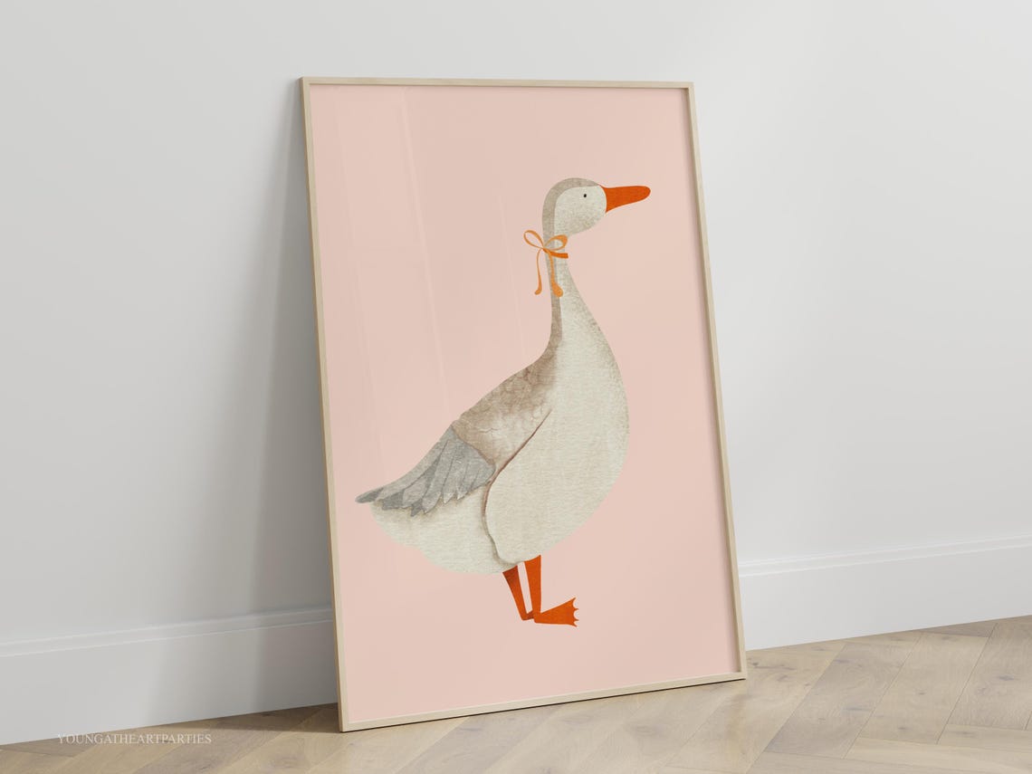Watercolor Goose with Orange Bow on Blush Pink Nursery Wall Art - Image 4