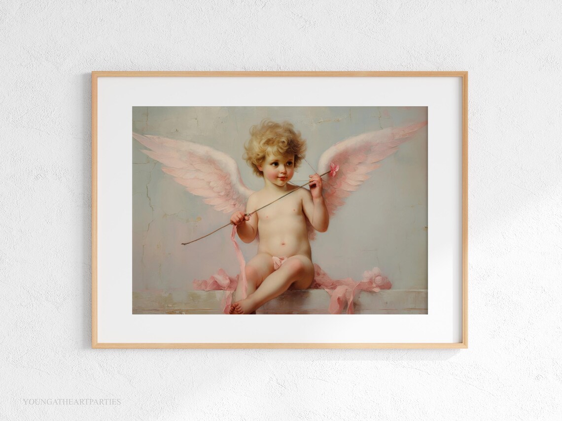 Vintage Cupid Cherub Oil Painting Valentine Angel Pink Wings Art Print - Image 5