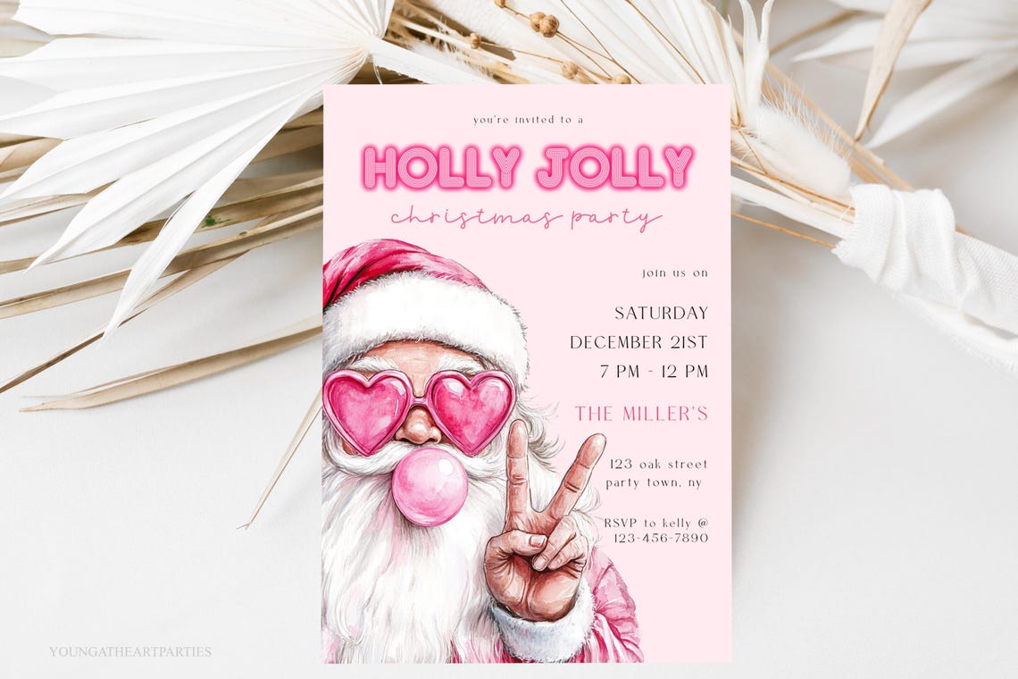 Pink Santa Claus Christmas Party Invite Holly Jolly Christmas Party Invitation Template Trendy Christmas Santa Holly Jolly Holiday Party