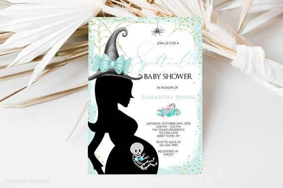 Spooktacular Halloween Baby Shower Invitation Teal Witch Print