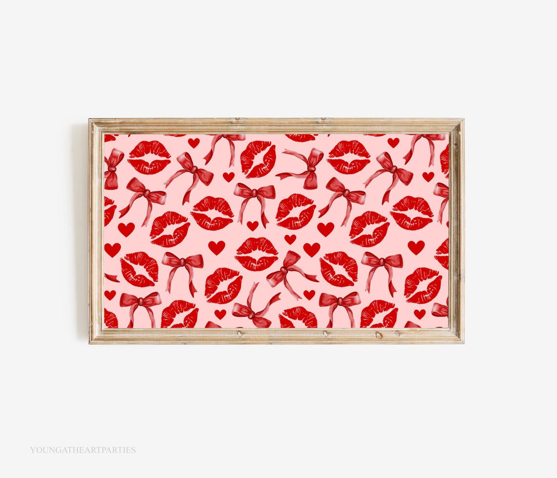 Coquette Girly Red Lips and Bows Pattern Pink Valentine Poster