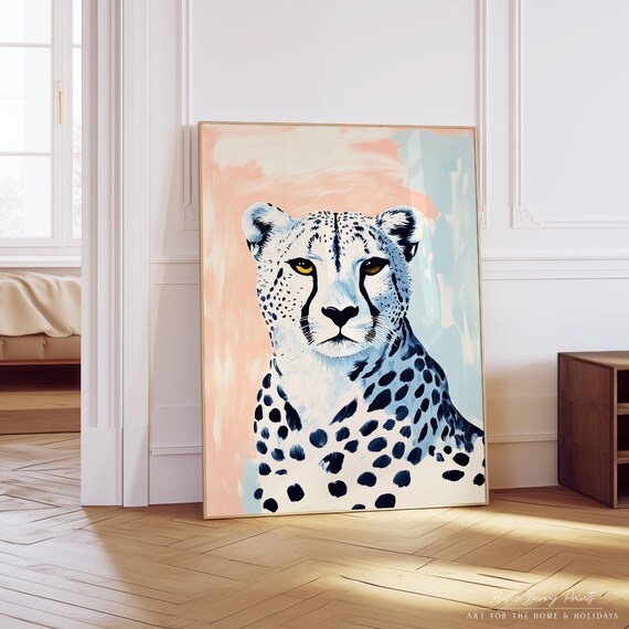 Cheetah Portrait in Indigo and Pink Modern Wildlife Art Poster