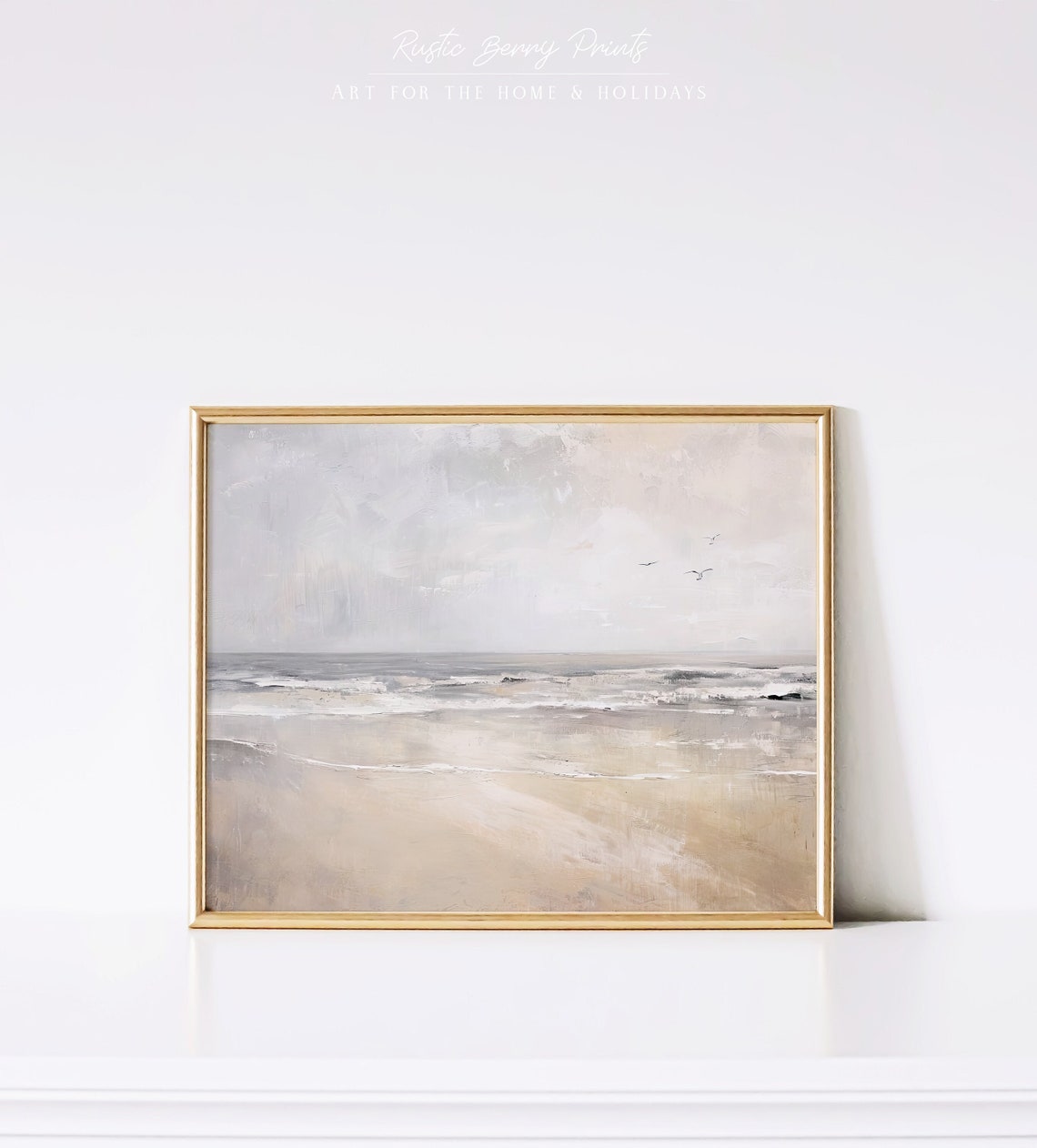 Neutral Beige Beach Gentle Waves Seagulls Soft Coastal Art Poster