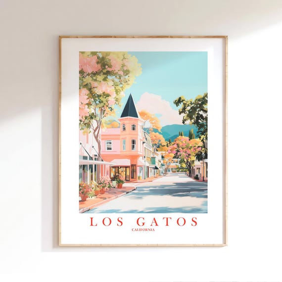 Los Gatos Print Travel Gift For Family Peach Pink Teal Wall Art Cityscape Poster