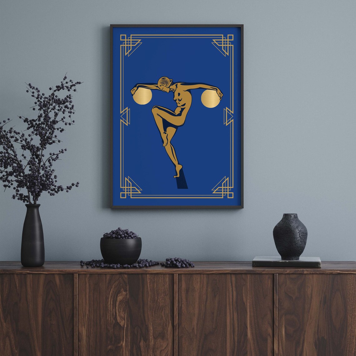 Art Deco Gold Dancer on Cobalt Blue Geometric Frame Art Poster - Image 4