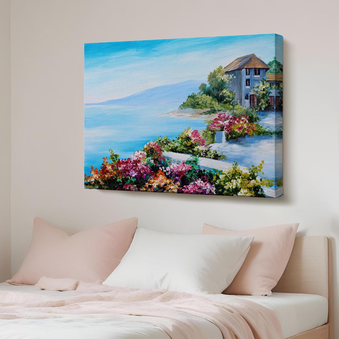Mediterranean Coastal Garden Colorful Seaside Villa Canvas Poster