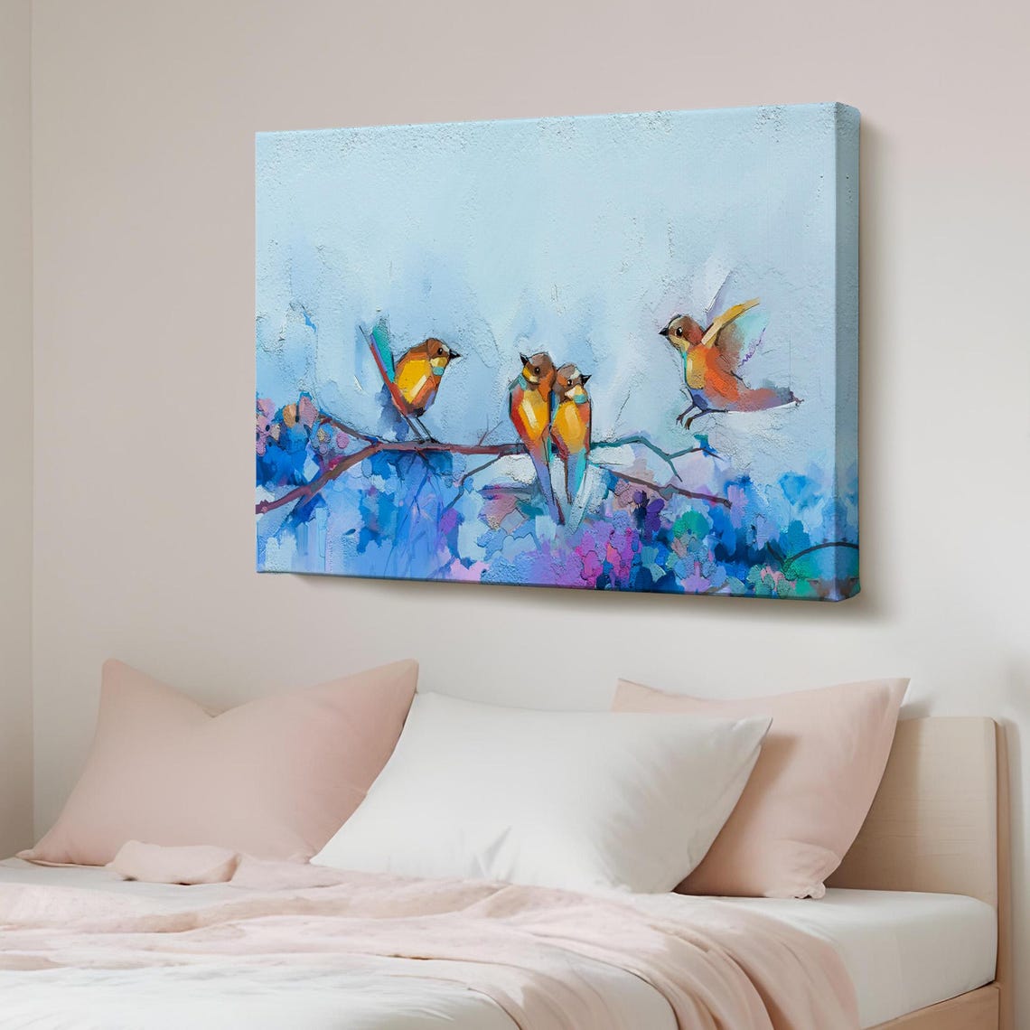 Colorful Songbirds On Branch Spring Impressionist Birds Wall Poster