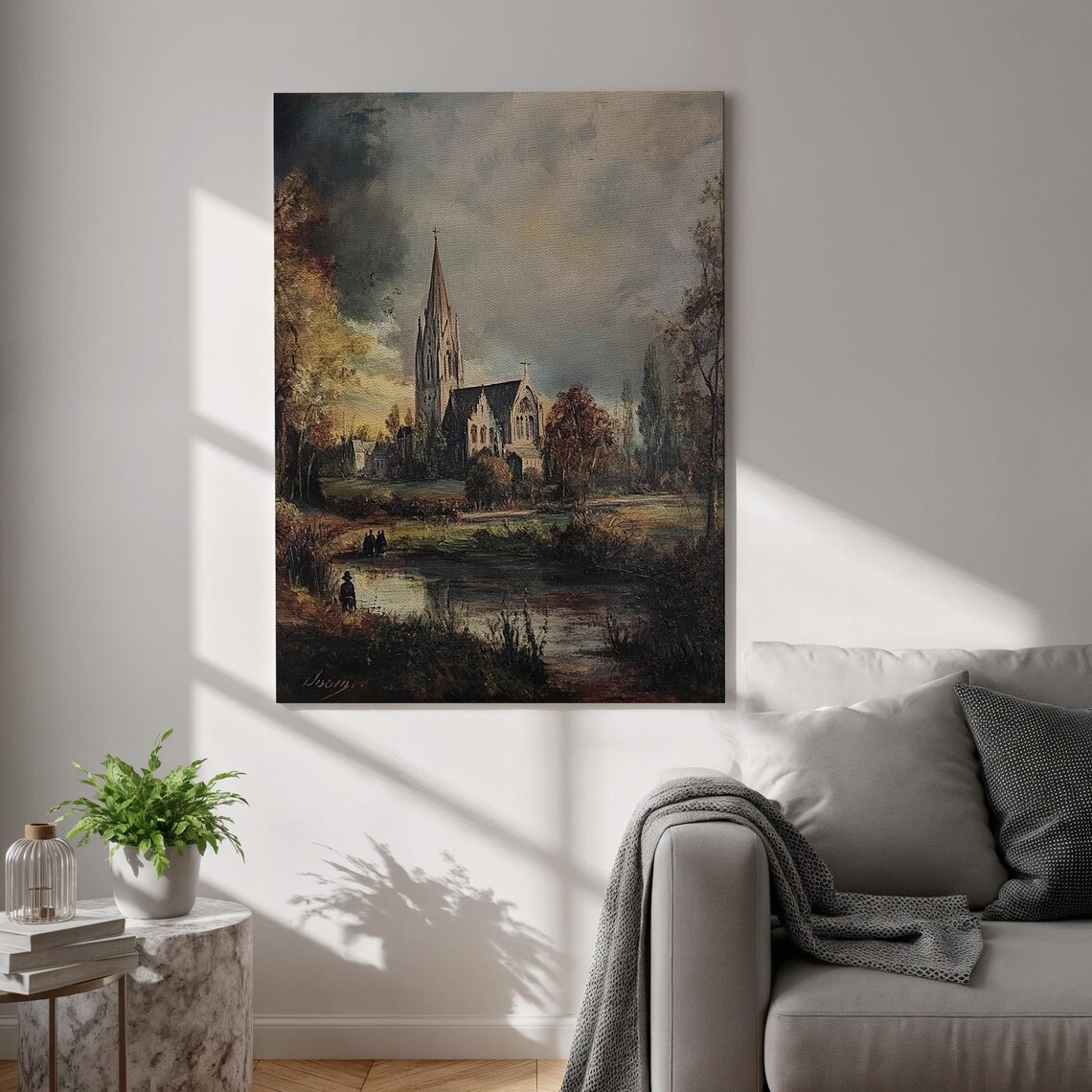 Gothic Church Village Vintage Oil Painting Antique European Poster