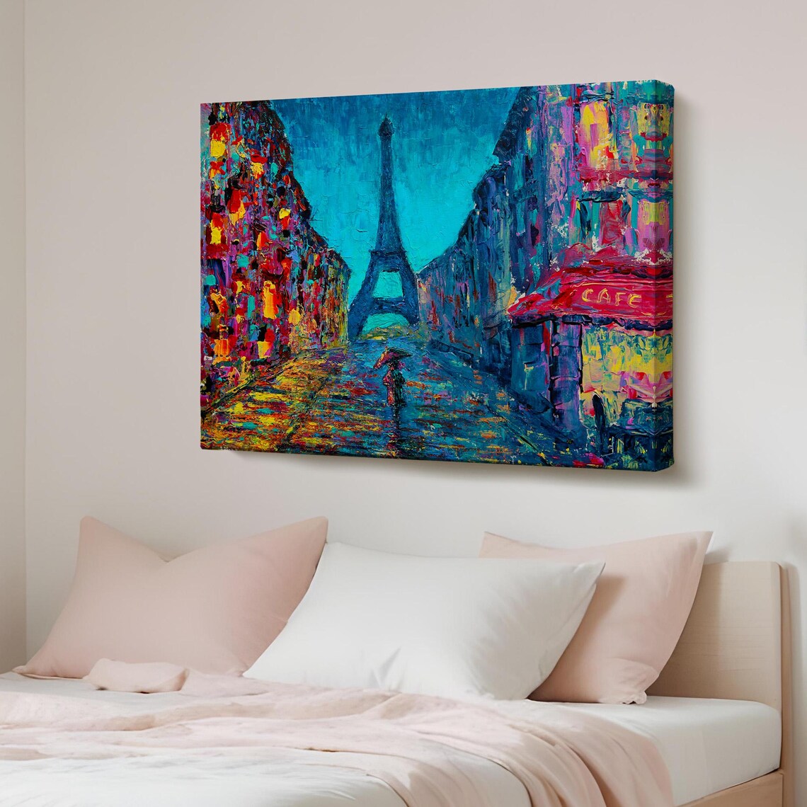 Paris Night Street Eiffel Tower Colorful Oil Painting Cafe Poster