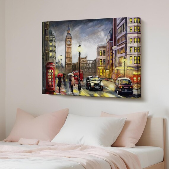 London Street At Night Big Ben Oil Painting England Wall Art