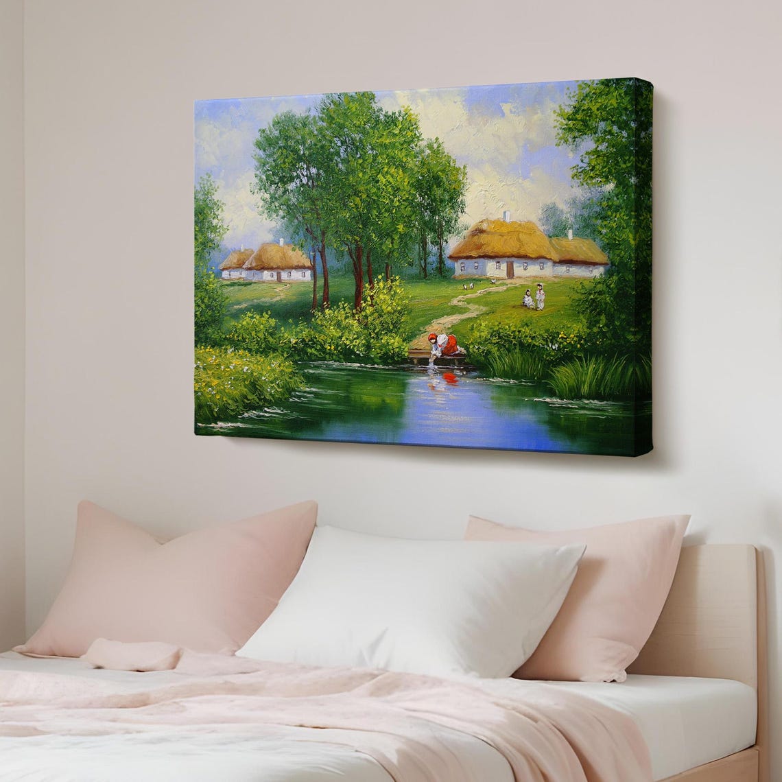 Thatched Cottage Village Pond Countryside Oil Painting Poster