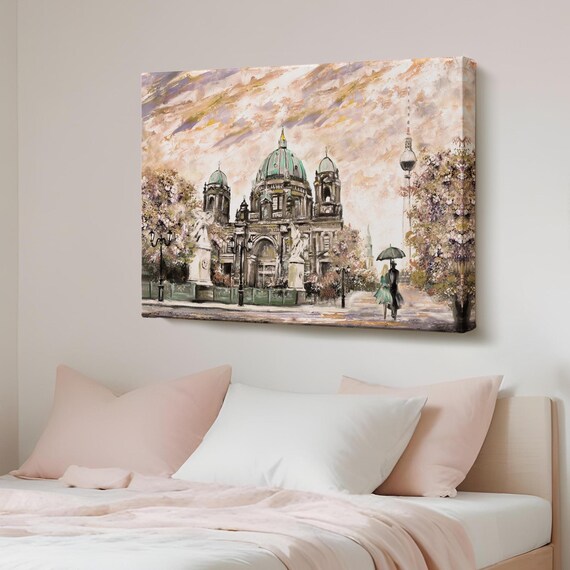 Berlin Cathedral Green Dome Couple Umbrella Landmark Painting Poster