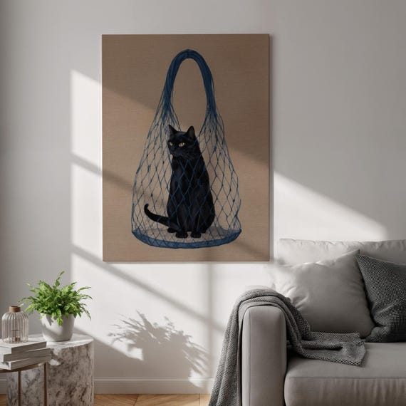 Black Cat in Blue Net Shopping Bag Minimalist Funny Kitty Wall Art
