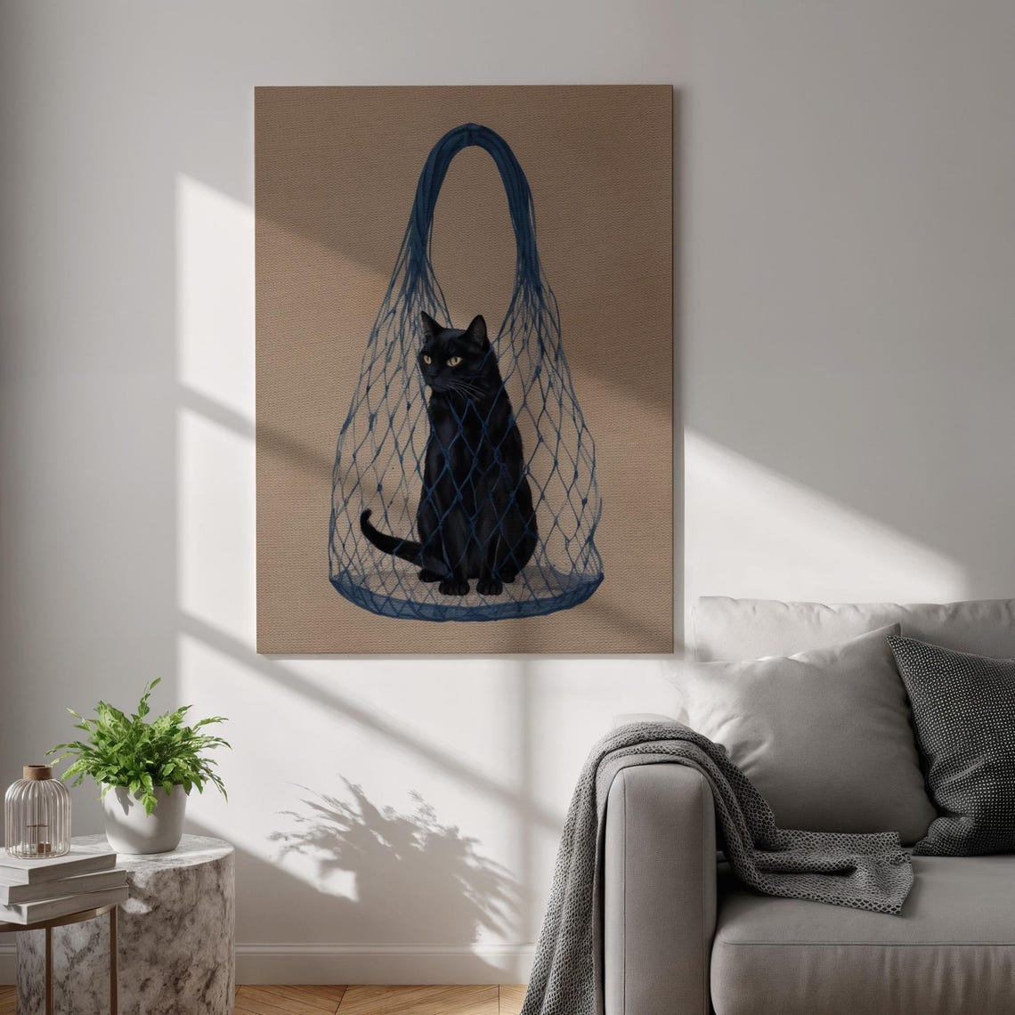 Black Cat in Blue Net Shopping Bag Minimalist Funny Kitty Wall Art