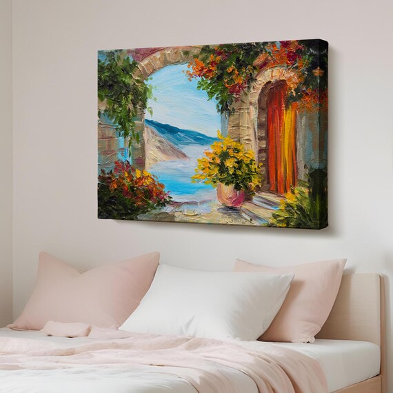 Mediterranean Seaside House Terrace Among Colorful Flowers Wall Art