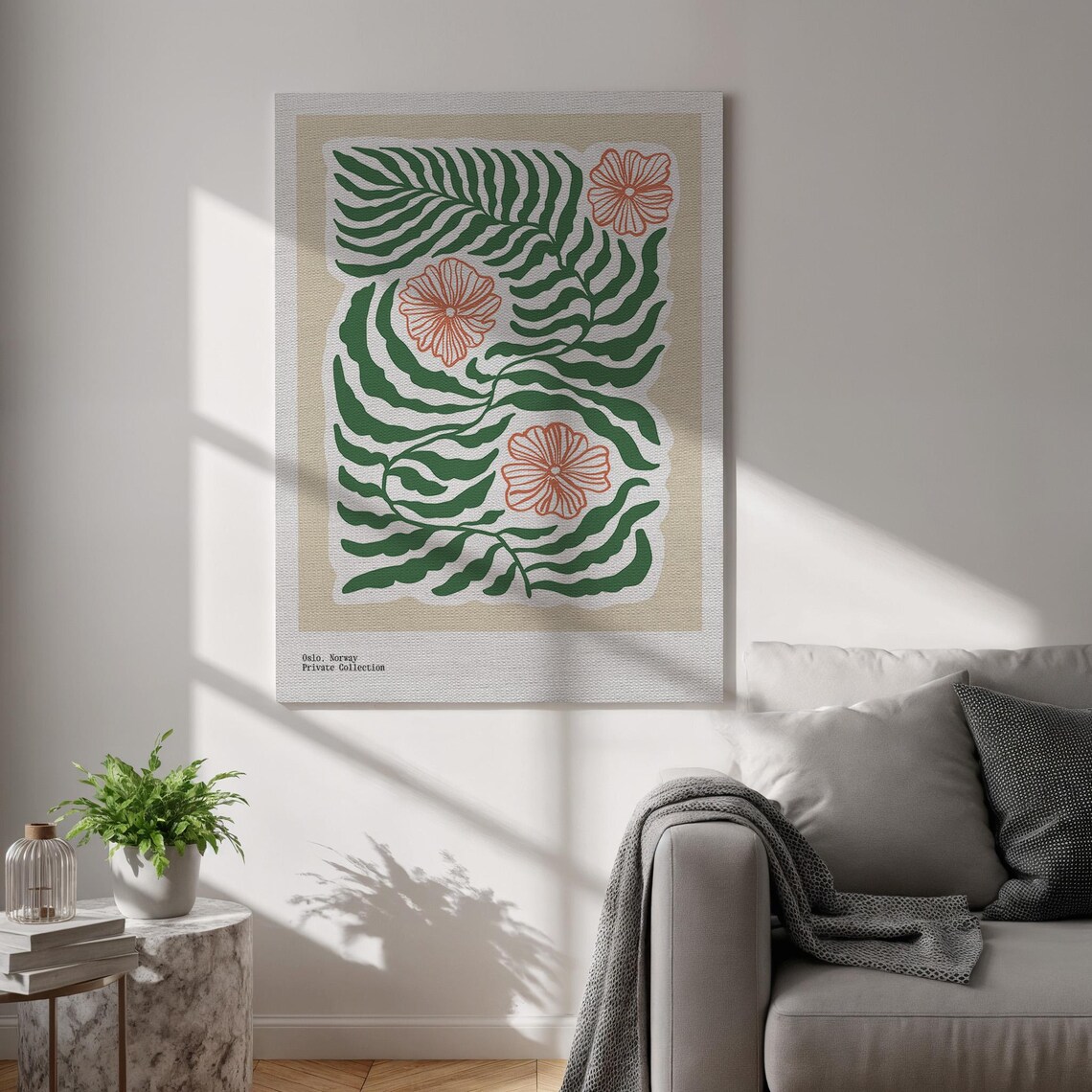 Green Fern Leaves Botanical Line Art Coral Flowers Scandinavian Style Poster