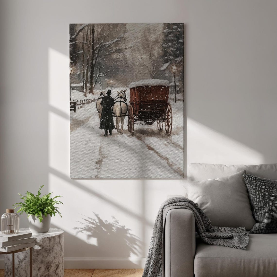 Horse Drawn Carriage In Winter Snow Vintage Scene Canvas Wall Art
